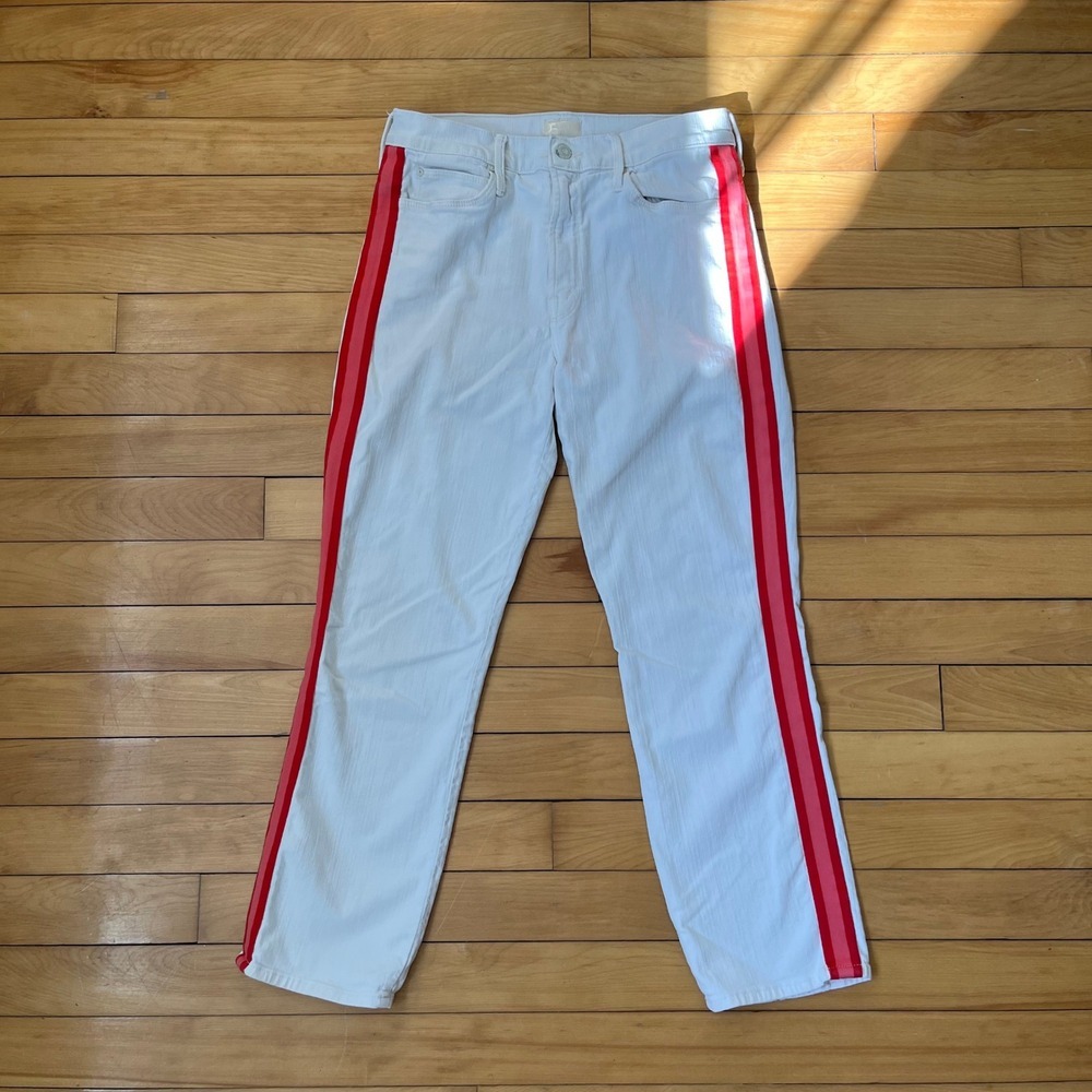 Mother The Mid Rise Dazzler Crop Jeans 29 Whipping The Cream Pink Racer Stripe